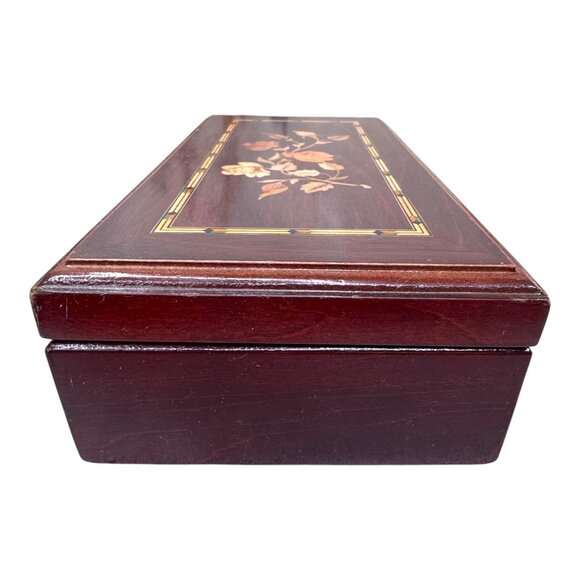 Exquisite Mahogany Wooden Jewelry Box Floral Marquetry Inlay & Mirror Interior - Picture 10 of 11